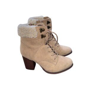 Tan High Heel Ankle Boots Booties Suede Fur Trim Women Size 7